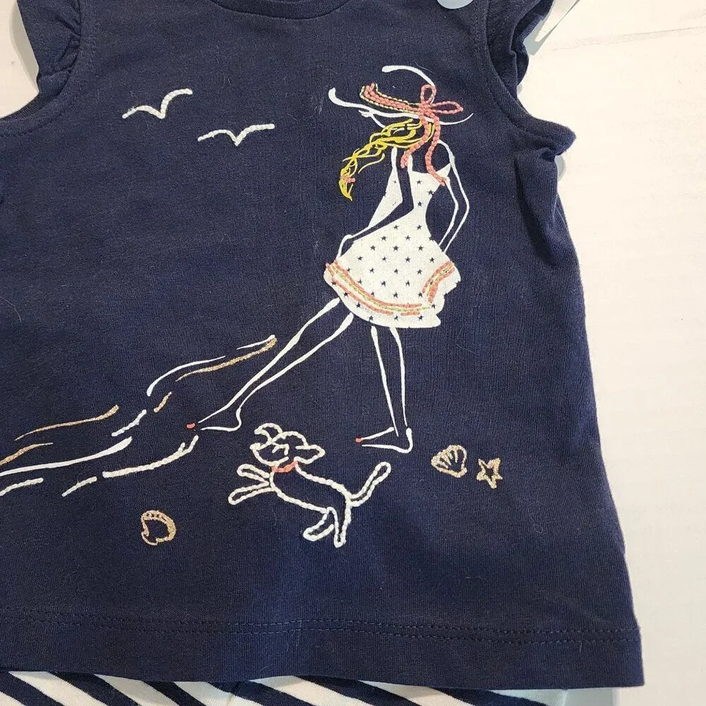 New Baby Gap girl 12-18 m outfit Blue top black white stripes leggings School